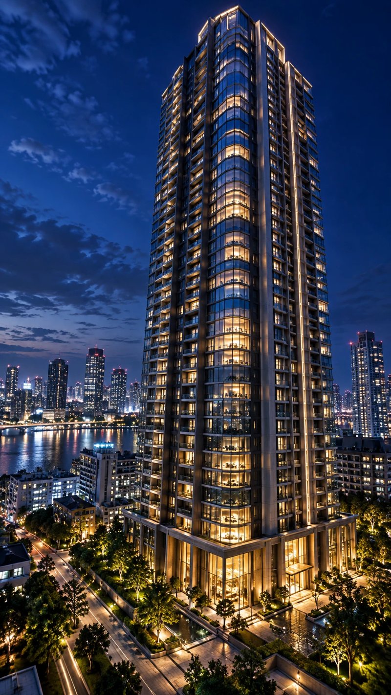 夜にライトアップされた高層マンション